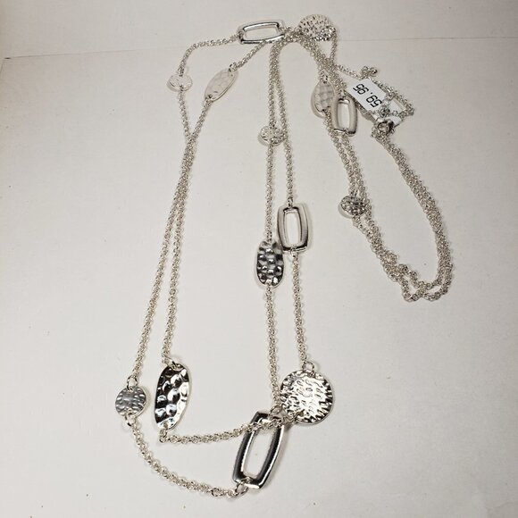 Polished  40" Silver tone Layered Textured, Hammered Discs Hoops Long Necklace - Picture 1 of 9